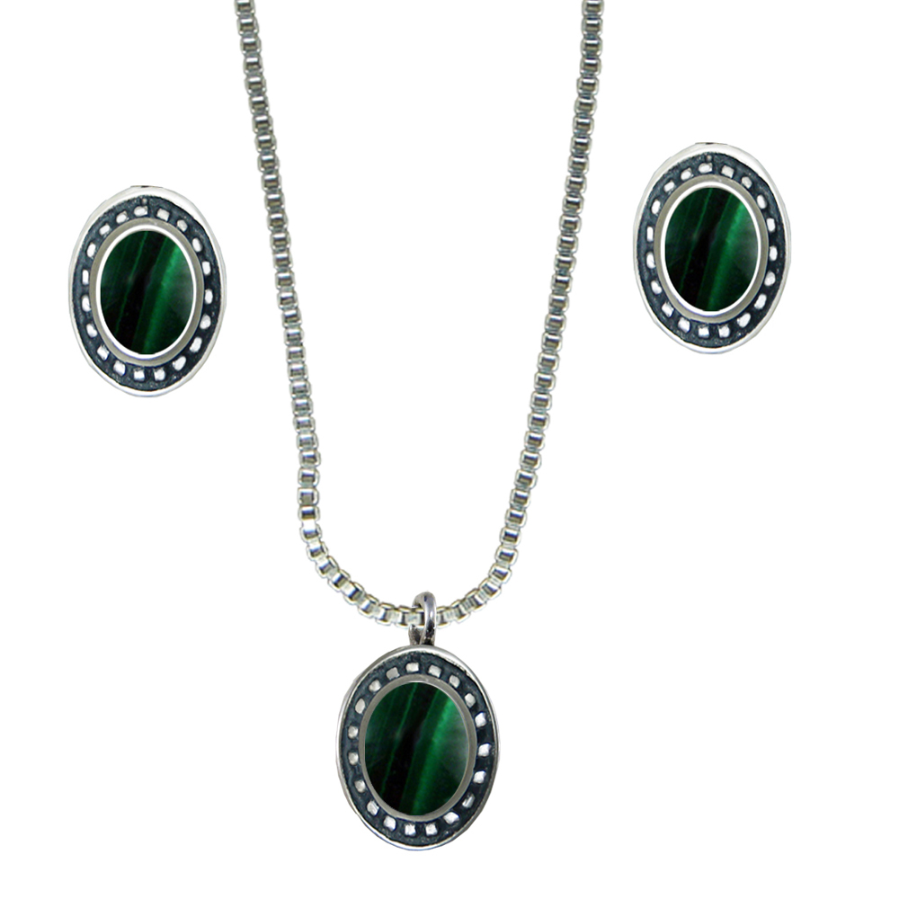 Sterling Silver Petite Necklace Earrings Set Malachite